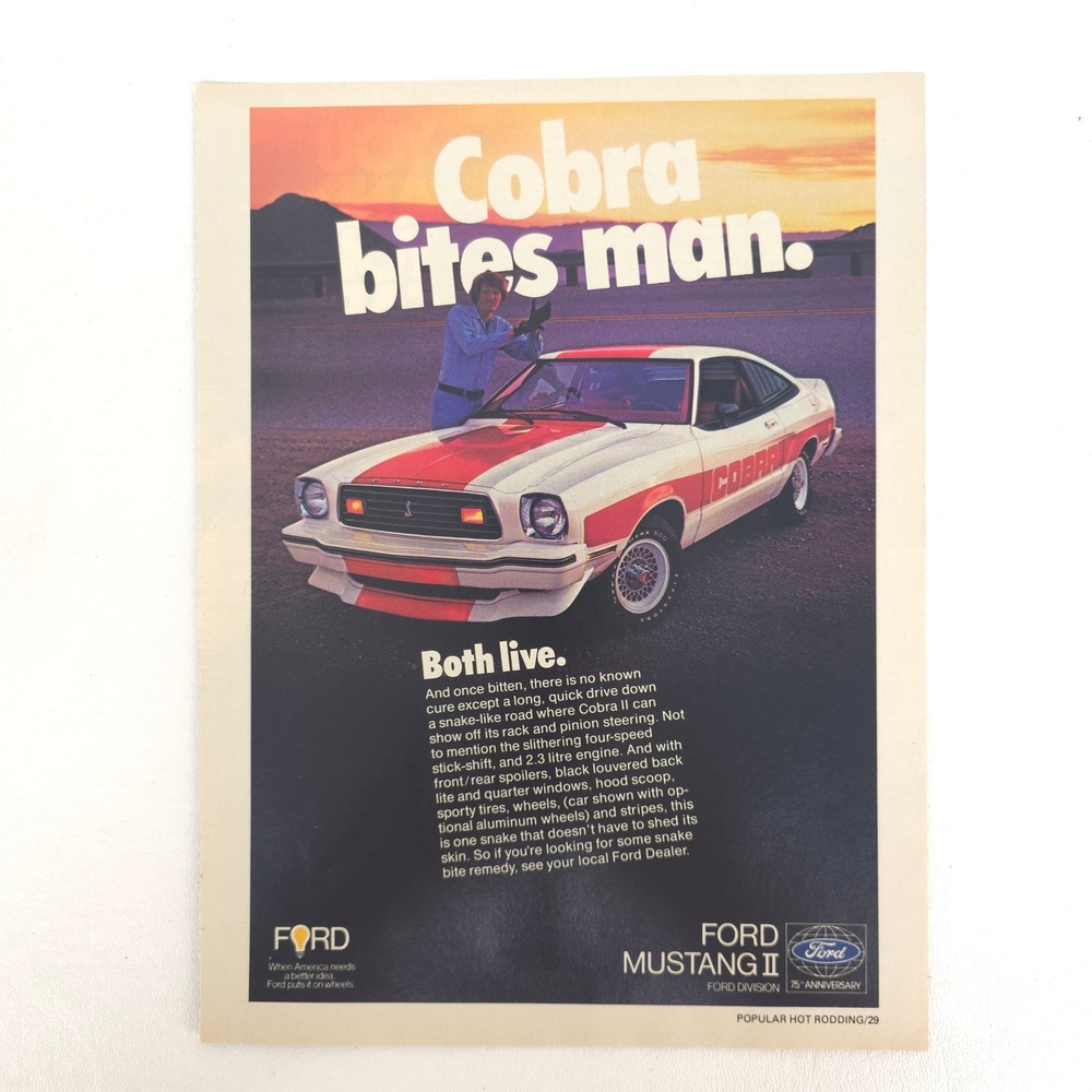 1977 Ford Mustang Cobra II Print Ad Vintage Magazine Garage Art Snakebite Racing